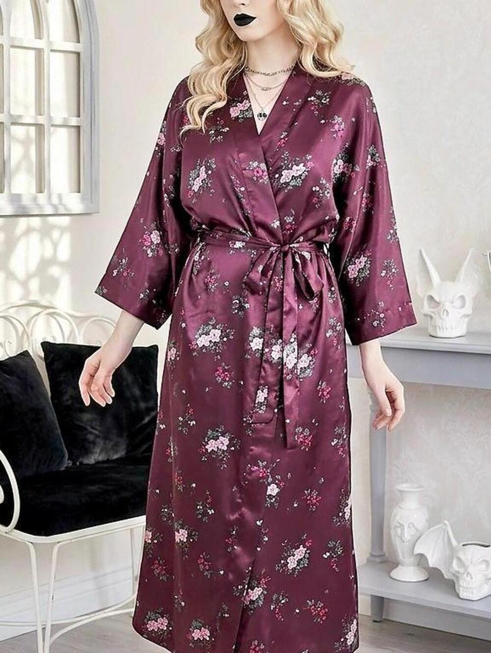 Serenade Burgundy satin-like kimono with tie waist and 3/4 sleeves. Size: XXL